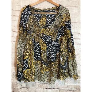 Sharango Top Womens XL Black & Gold Mixed Print Balloon Sleeve Ruffle Trim Boho